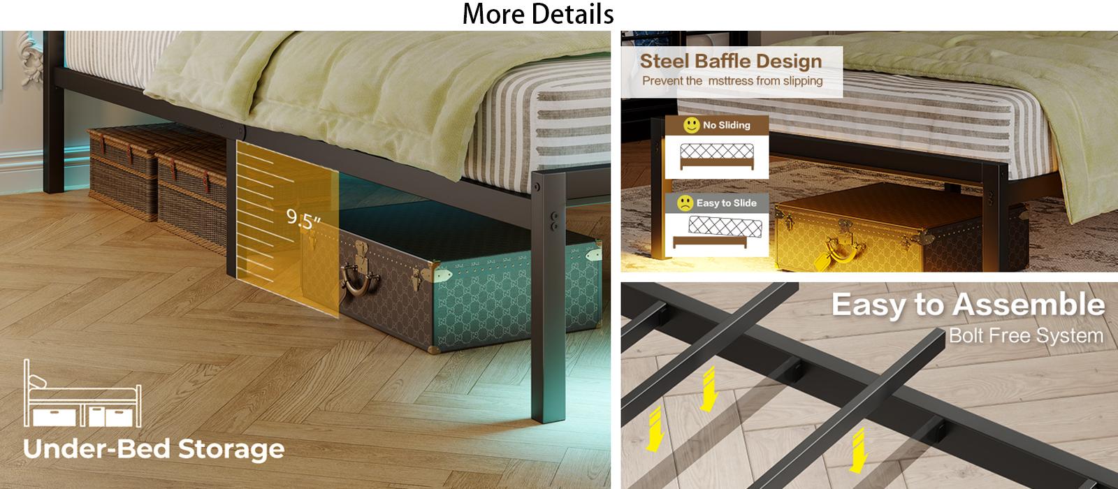 CollaredEagle Twin/Full Size Bed Frame with Charging Station, Metal Platform Bed Frame with Fabric Upholstered Headboard, No Box SpriLarge Underng Needed,  Bed Storage, Non-Slip Black/White. Bedroom Bedframe Bedroom Furniture