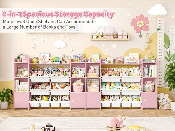 FOTOSOK 55''Large Toy Storage Organizer with 8 Toy Bins, Toy Organizers and Storage with Shelf and 6 Storage Cubbies, Bookshelf for Kids, Playroom Organization and Storage Bins