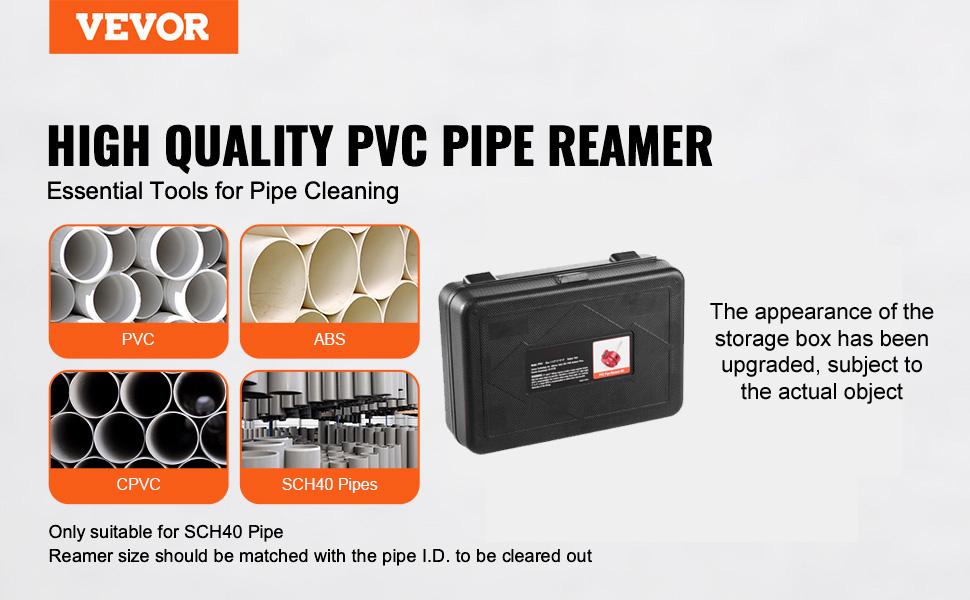 VEVOR 6Pcs PVC Pipe Reamer Kit, Plastic Pipe Fitting Socket Saver Kit, Includes 3/4, 1, 1-1/2, 2, 3, 4'', for PVC, CPVC, ABS Fittings, with Tool Box, for Exhaust, Drain, Water Pipes Cleaning