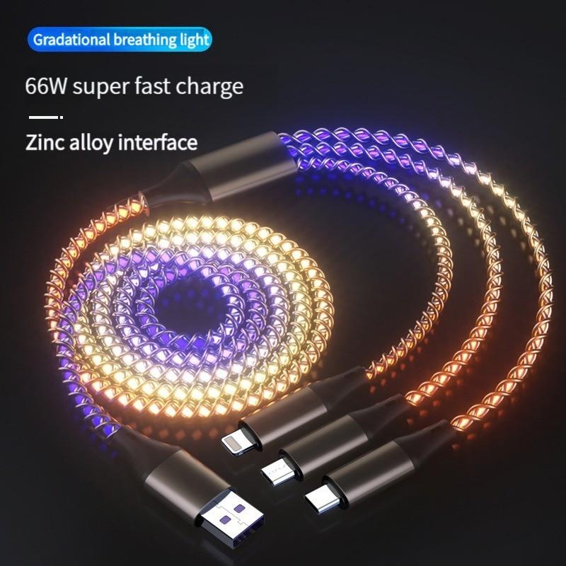 RGB Flow Data Cable 66w Fast Charging, 3-In-1 Car Charger with Ambient Breathing Light, Universal Vehicle USB-C Cable