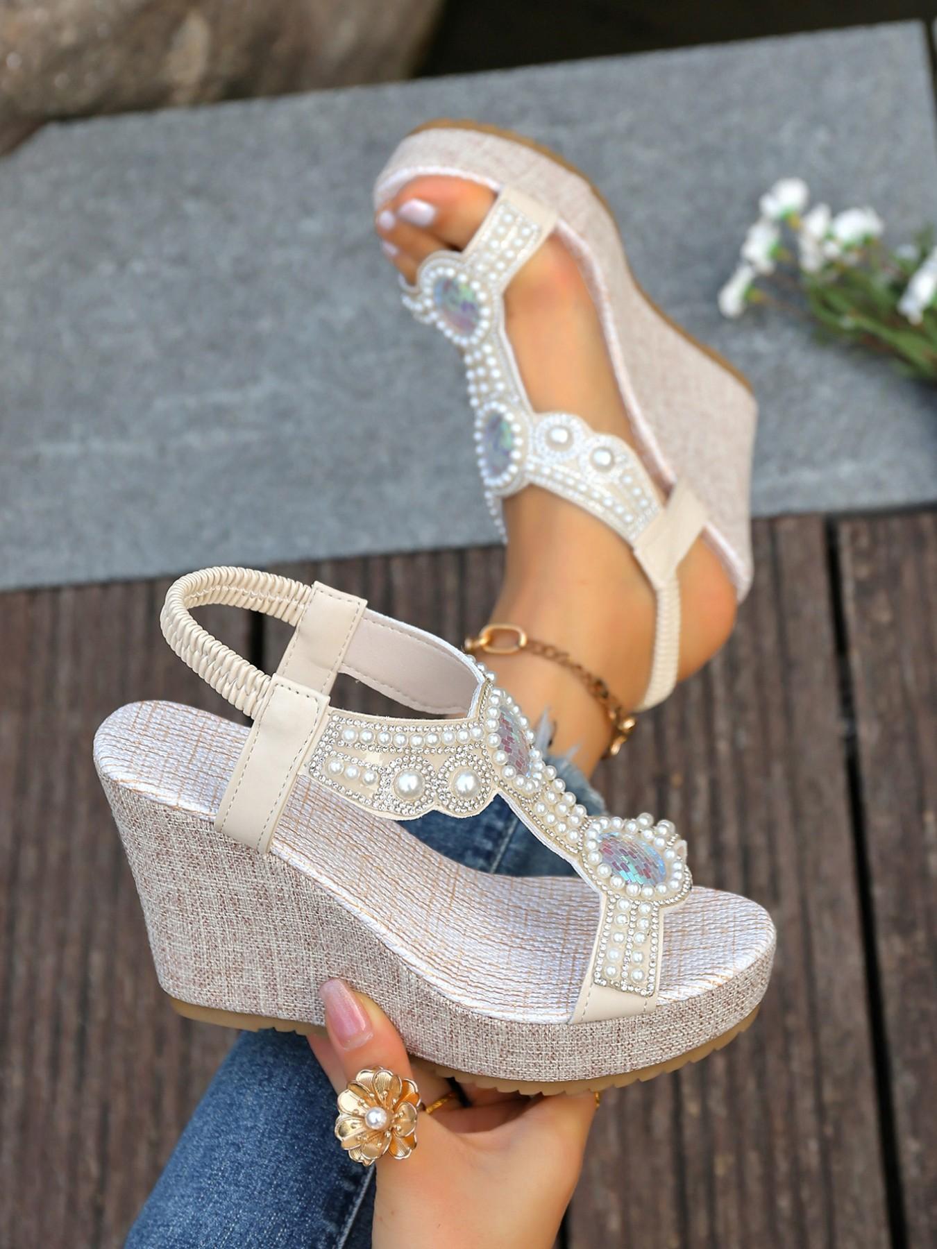 2026 Summer New Pearl Heeled Sandals for Women, Rhinestone Thick Sole Platform Shoes, Bohemian Beach Vacation Footwear