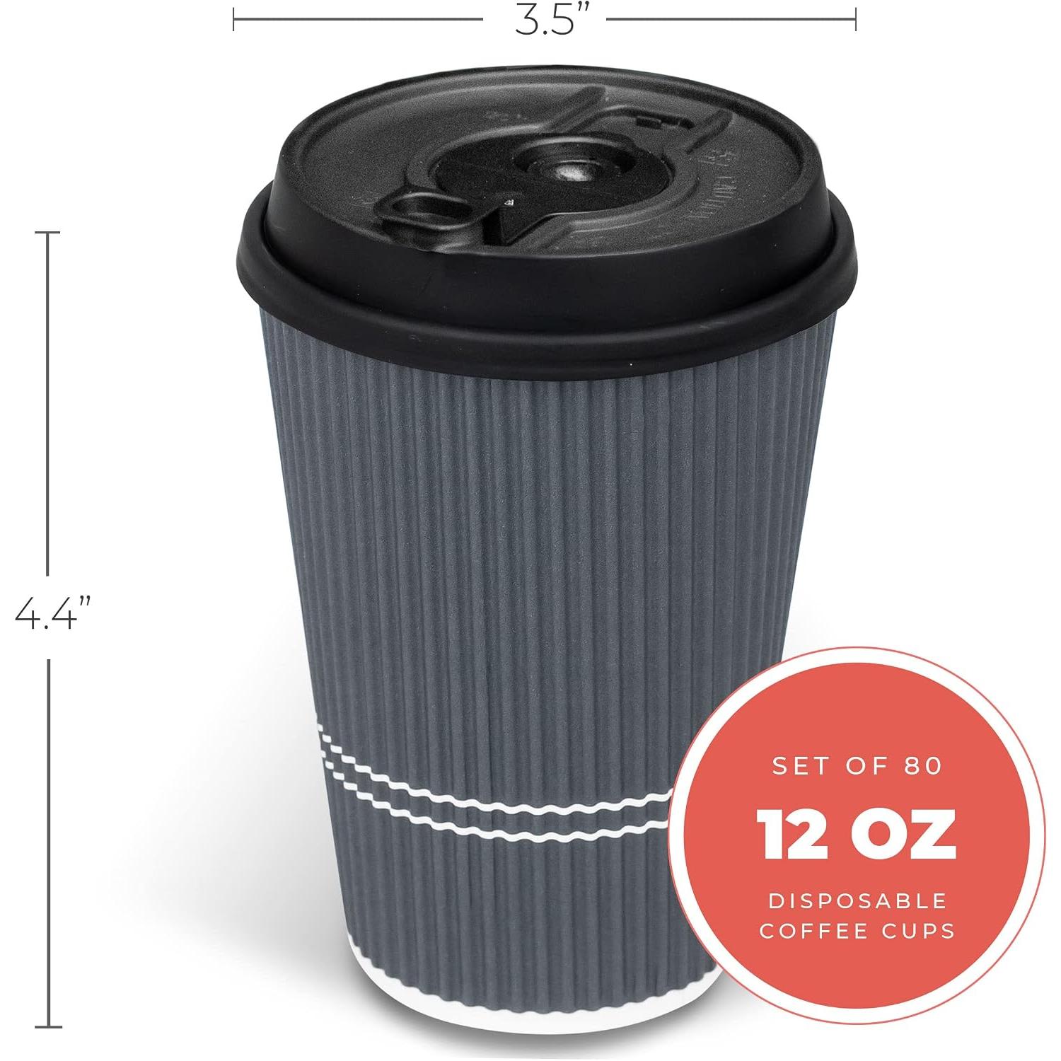 Disposable Coffee Cups With  - 12 oz To Go Coffee Cup With Lid (80 Set). Durable Togo Travel Paper Hot Cups Insulated For Hot and Cold Beverage Drinks, No Sleeves Needed (Dusk Grey)