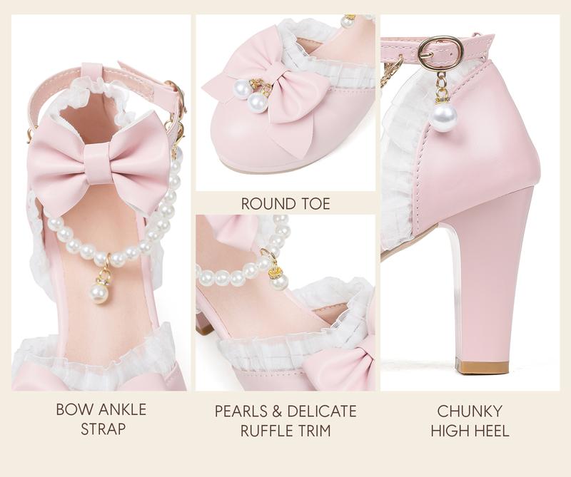 Womens Mary Jane Lolita Pumps Round Toe Platform Chunky High Heels Bow Ankle Strap Pearl Chains Party Gifts for her Wedding Dress Kwaii Cute Shoes Valentine Party Heels