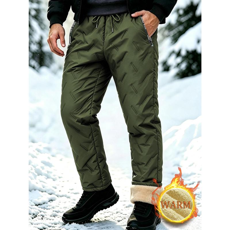 Men's Winter Polyester Fleece Sports Joggers Universal Quilted Windproof Straight Leg Male Clothing with Zippered Pockets, Drawstring Elastic Waist, Ideal for Cold Weather Daily Outdoor Activities, Straight Legs