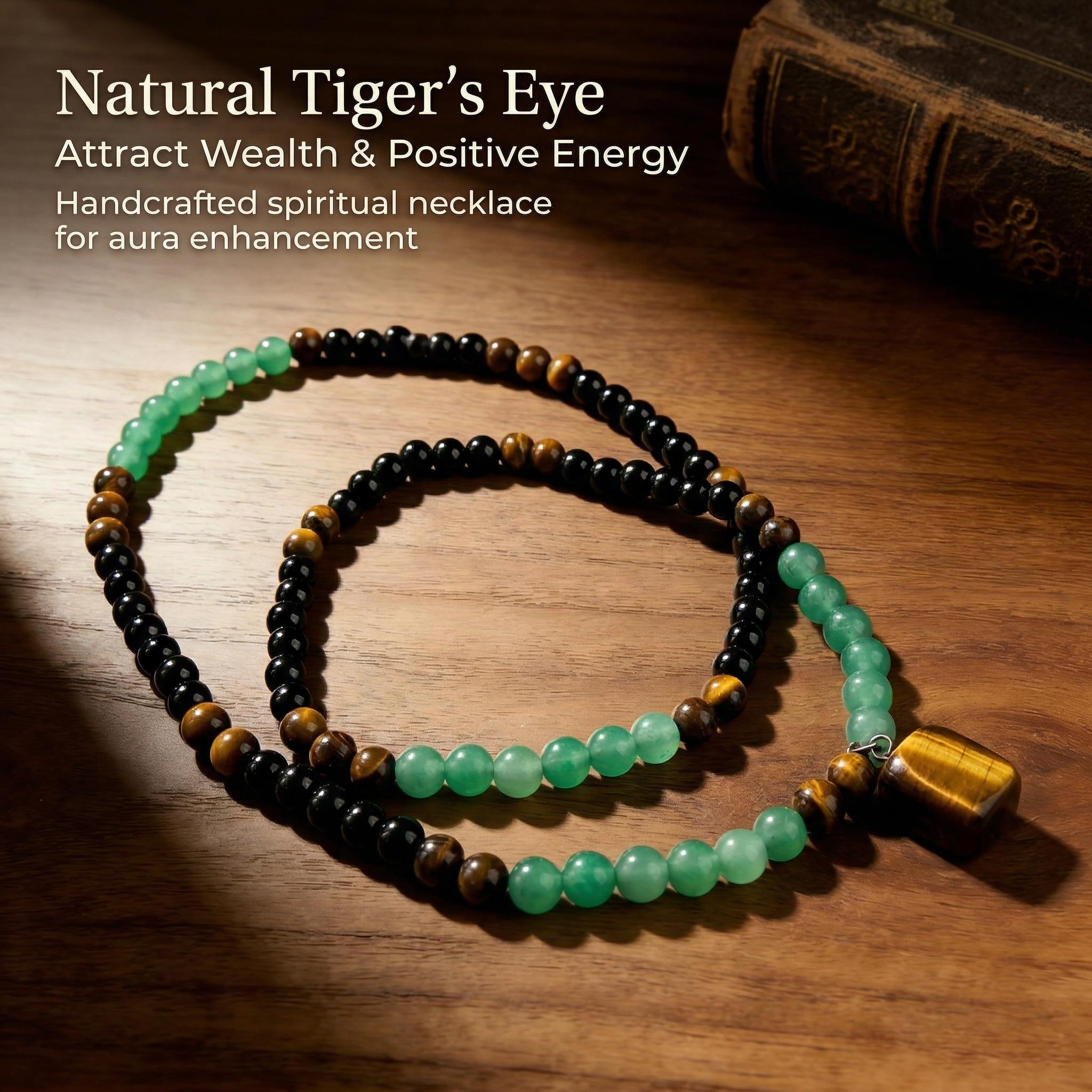 Green Aventurine & Tiger Eye Money Attraction Necklace |   Natural Healing Crystal Pendant |   Necklaces for Women Men |   Mothers Day Gift |   Gifts for Girlfriend |   Circle Chains