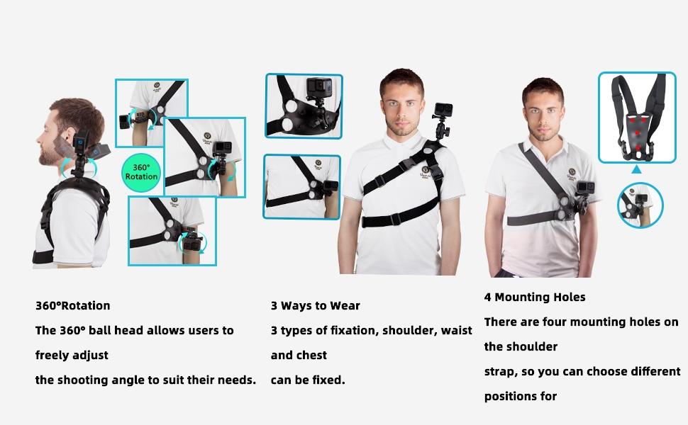GoPro Adjustable Shoulder Strap Mount, 3-in-1 Chest/Waist Strap for Action Cameras, Compatible with GoPro, DJI, and Akaso; ideal for vlogging, drones, and the gym