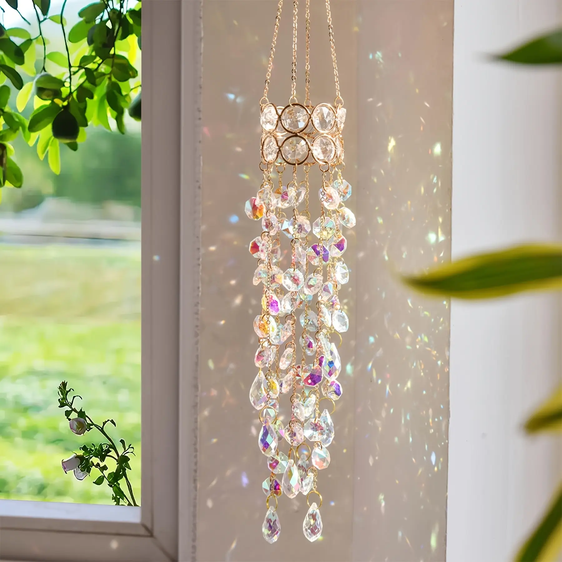 Hanging Window Garden Crystal Sun Catcher, Gold-Plated Sun Catcher for Indoor and Outdoor Decoration, Light Catcher, Party Crystals