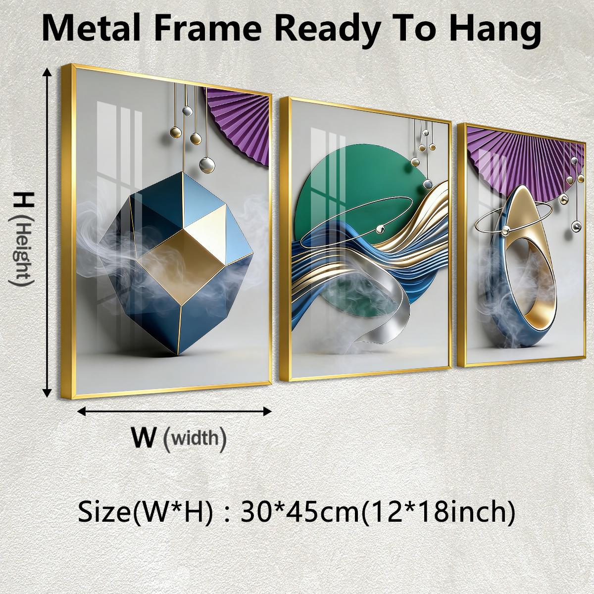3 Counts Aluminum Alloy Framed Painting, Geometric Abstract Metallic Shapes And Smoke Art Pictures, Home Decoration For Living Room, Bedroom, Office, Restaurant, Hallway Wall Decor, Odorless Print Artwork, Luxury Perfect Gift For Friends And Family