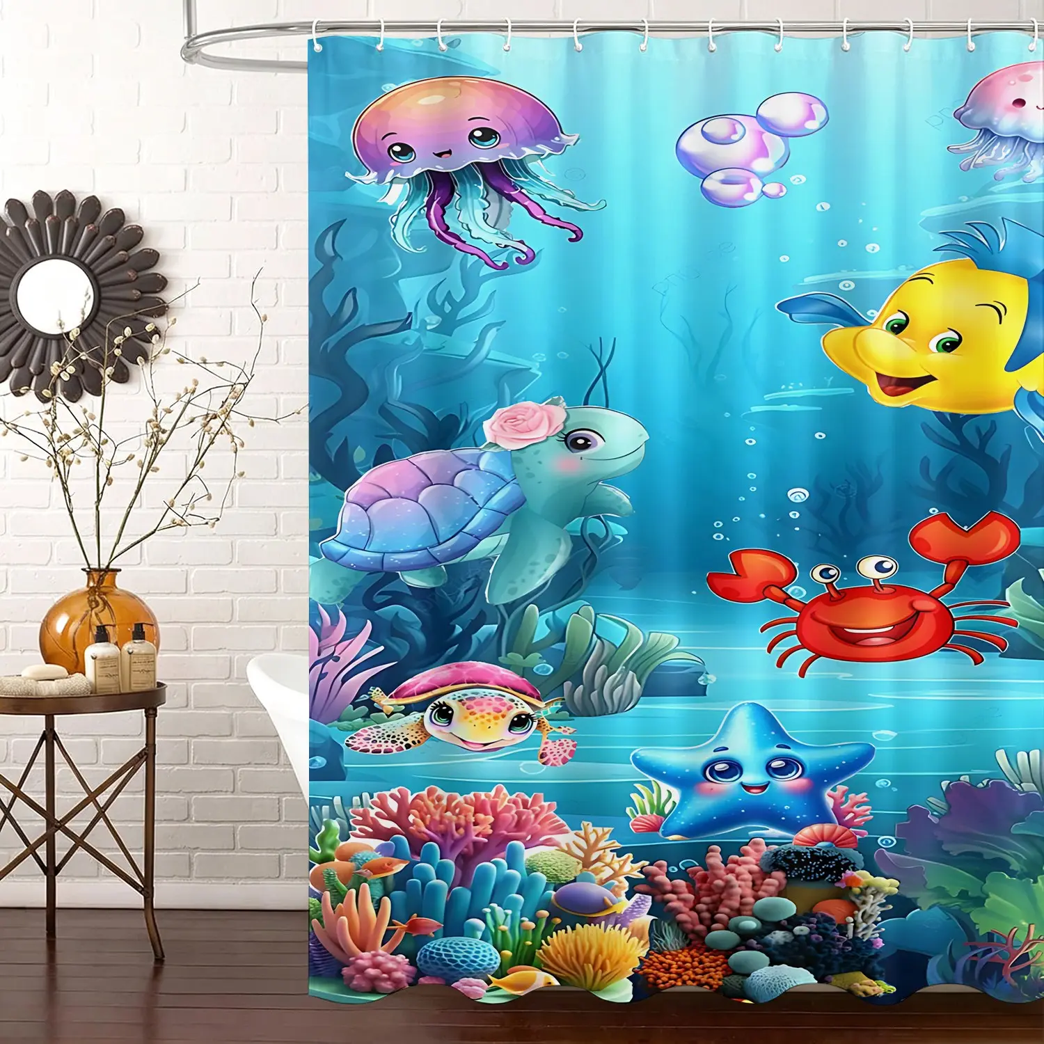 Cartoon Underwater Sea Creature Pattern Shower Curtain, Waterproof, Complete with Quick Install Hanging Hooks, Ocean Animal Themed Decor Shower Curtain, for Fresh Cheerful Underwater Bathroom Vibe