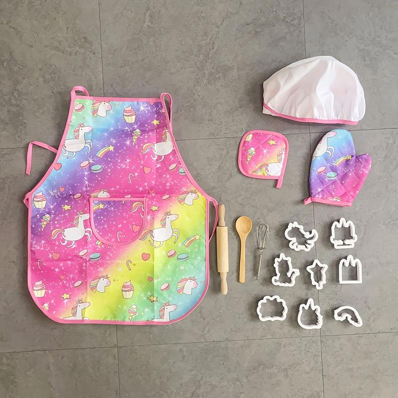 Unicorn Apron Set with Gloves Chef Hat and Baking Tools, Polyester Kitchen Apron, Perfect Holiday Gift, Colorful Chef Clothing Set