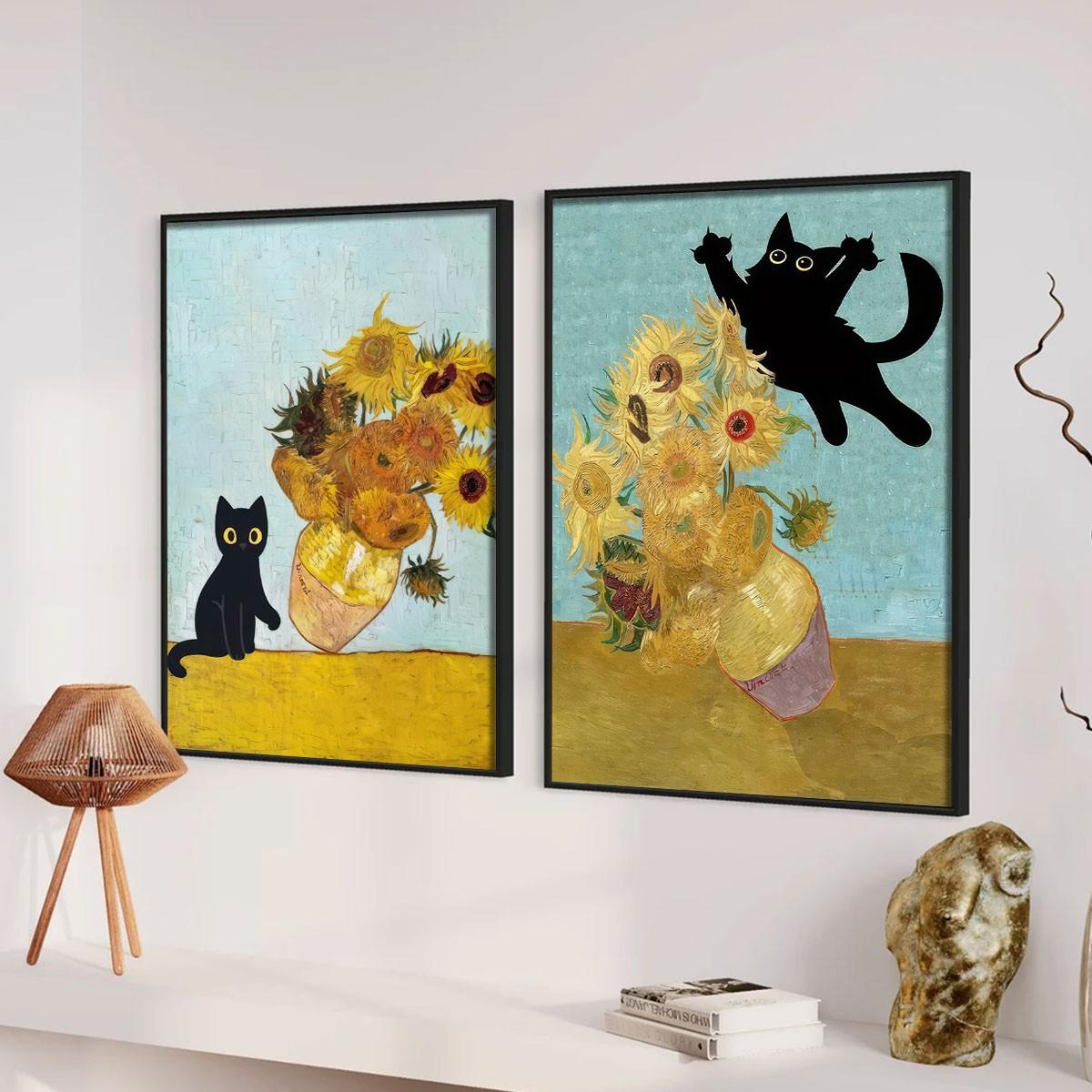 2 Piece Set Frameless Canvas Poster, Fun Cat Vase Illustration, Wall Art for Bedroom Office Living Room Cafe Bar Home Dorm Decor