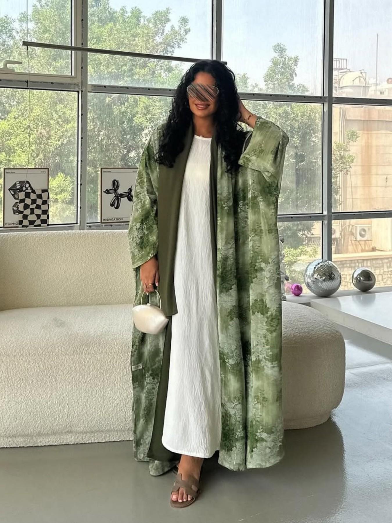 Hafizah Summer New Chiffon Wrinkle Print Flower Cardigan + Headscarf Robe, Fashion Plus Size Women's Outerwear, All Seasons