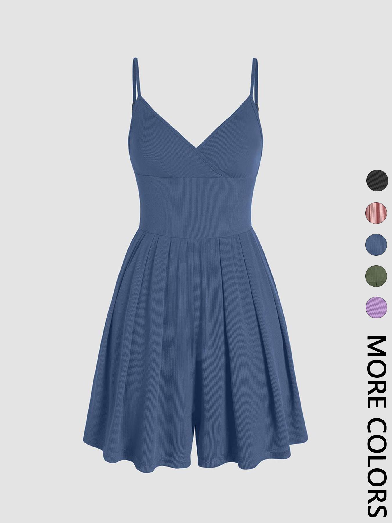 Women's Knitted Plain Backless Wrap Fitted Cami Romper, Casual Chic Adjustable Spaghetti Strap Wide Leg Romper, Summer Outfits 2024, Ladies Clothes for Daily Wear, Jumpsuit