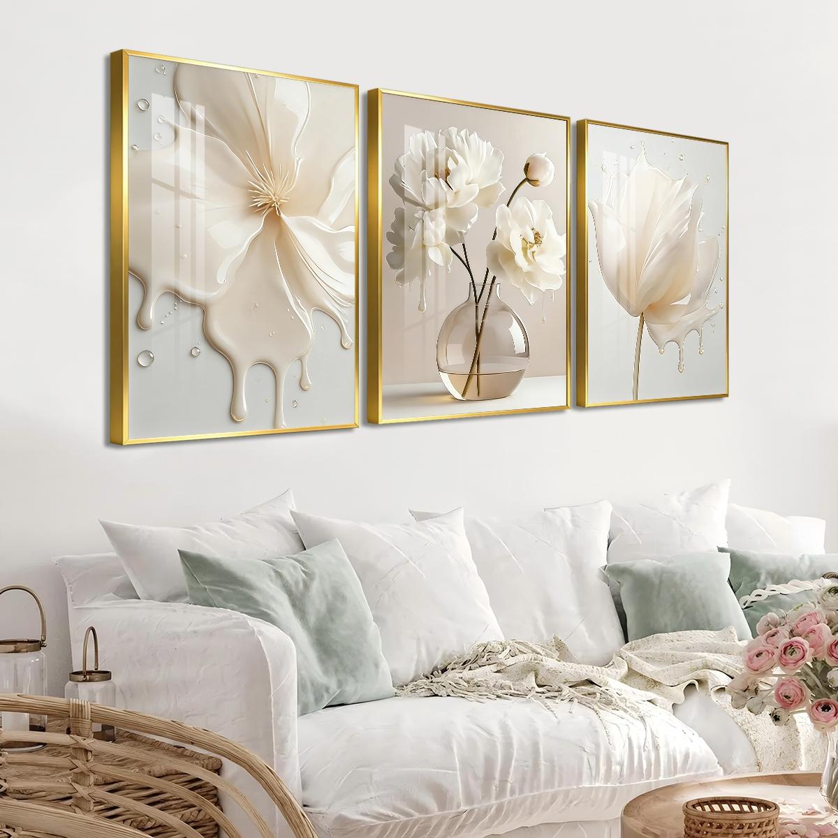 3 Counts Aluminum Alloy Framed Painting, Elegant White Liquid Floral Art Pictures, Home Decoration For Living Room, Bedroom, Office, Restaurant, Hallway Wall Decor, Odorless Print Artwork, Luxury Perfect Gift For Friends And Family