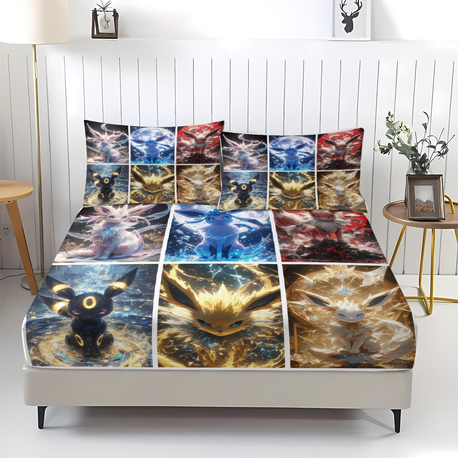 3-Piece Pikachu Pattern Fitted Sheet Set, Soft And Durable Bedding Set Includes 1 Piece Flat Sheet And 2 Pieces Pillowcases, Daily Holiday Birthday Gift Bedroom Decorations For Kids And Adults