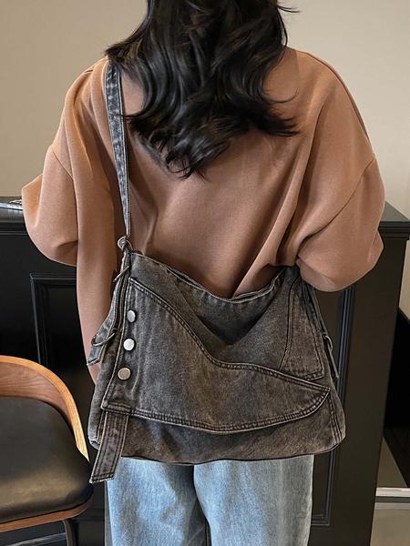 Retro denim messenger bag, old washing process, unique tailoring button design, casual fashion and versatile colors are optional, lazy style personality denim messenger bag, suitable for daily travel, etc., Denim shoulder bag, Crossbody shoulder bag