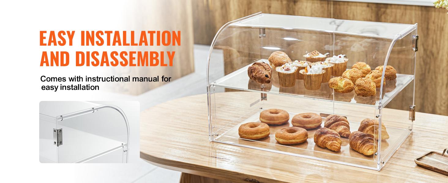 VEVOR Pastry Display Case, 2-Tier Commercial Countertop Bakery Display Case, Acrylic Display Box with Rear Door Access Removable Shelves, Keep Fresh for Donut Bagels Cake Cookie, 22x14x14