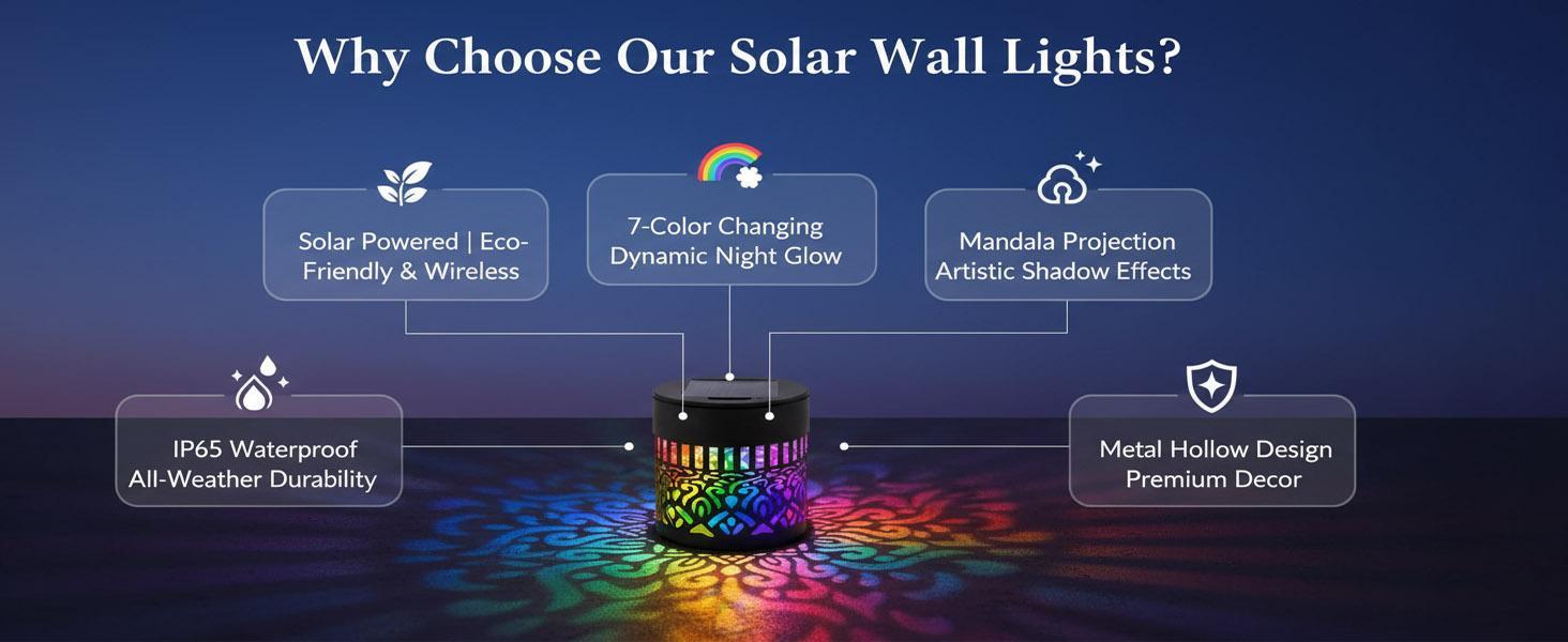 2Pcs Solar Mandala Hollow-Out Projection Wall Light – 7 Color Changing RGB, Waterproof Metal Fence Lights, Outdoor Lighting Essentials Decorative Lamps for Yard, Garden, Patio, Backyard Decor