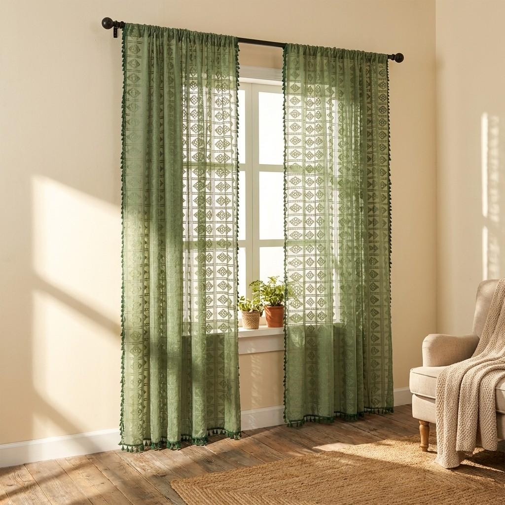 1panel Shibori Pattern Curtain, Fringe Edge Decoration, Rod Pocket Design, Bedroom Balcony Floor-To-Ceiling Window Curtains, Fresh Home Decor