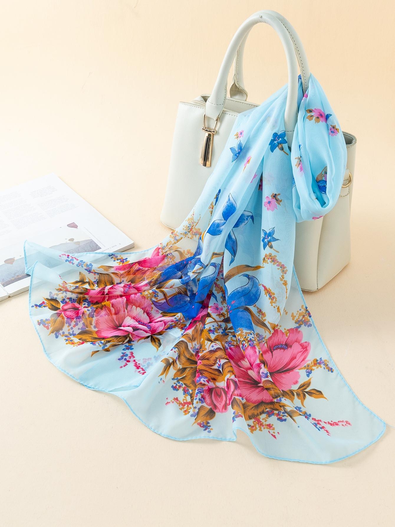 Women's Chiffon Scarf, Summer Beach Headscarf, Elegant Long Shawl, UV Protection, Casual Loose-Fit, Geometric Pattern, All Seasons