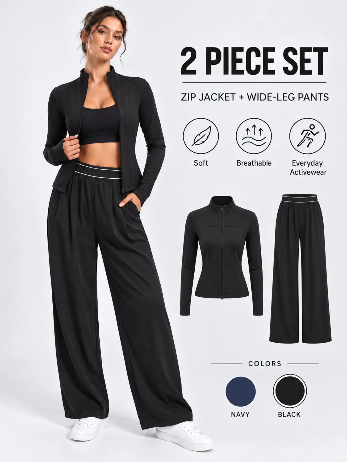 Women's Stand Collar Zipper Jacket and Wide Leg Pants Set, High Stretch Fitness, Loose Fit, Casual Running, Pilates, Aerobics, Workout Tracksuits