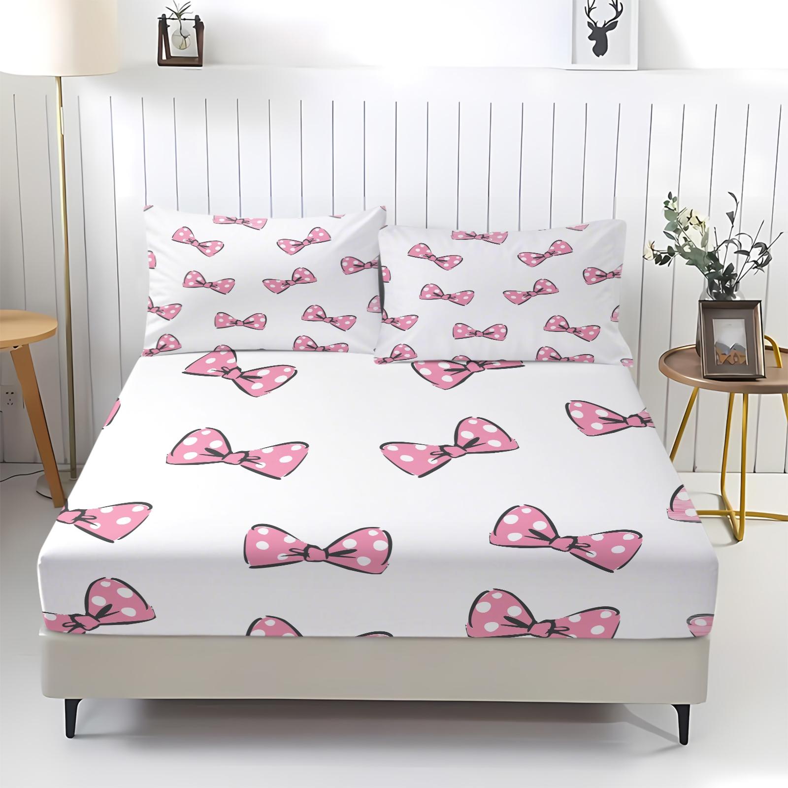 Pink bow bed sheet with comfortable printed pattern, including 1 bed sheet and 2 pillowcases, comfortable bedding, anti slip dust cover suitable for bedrooms and guest rooms, suitable for adult bedroom and guest room decoration gifts, Bed Sheets Set