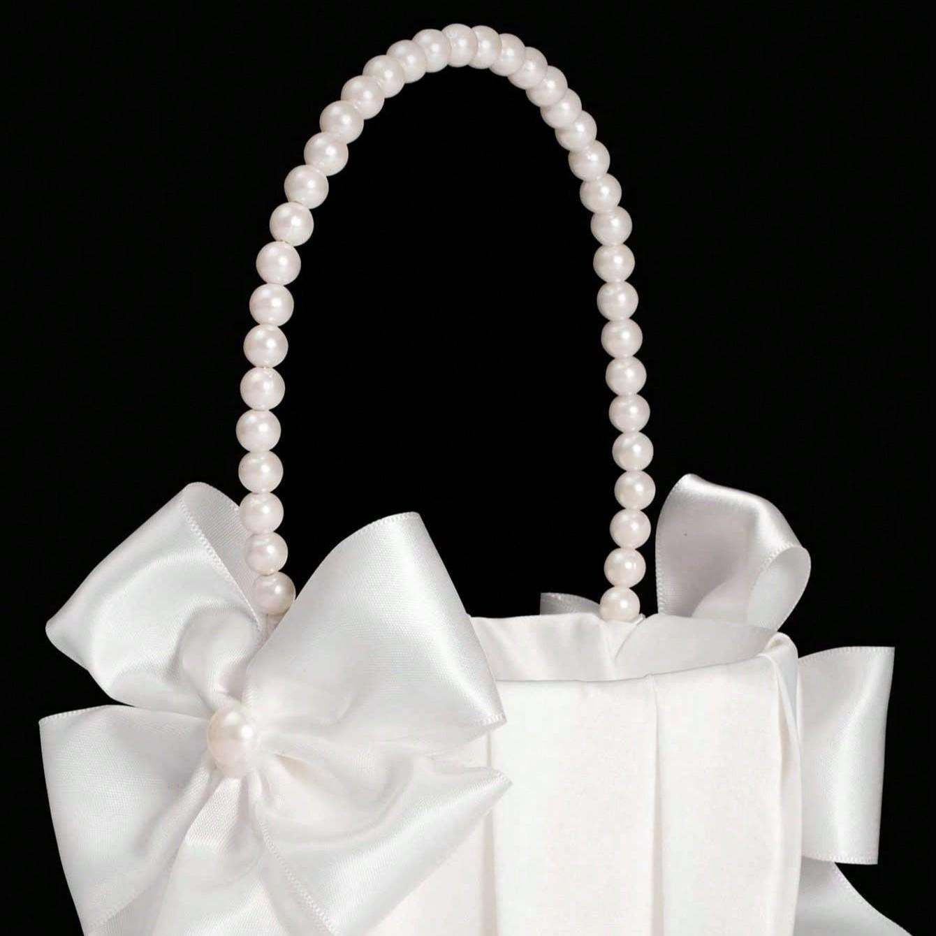Cute Pearl Handle Flower Basket for Wedding Ceremony, Ivory Color Satin Bunting Floral Arrangement, Perfect for Bridal Party Decorations
