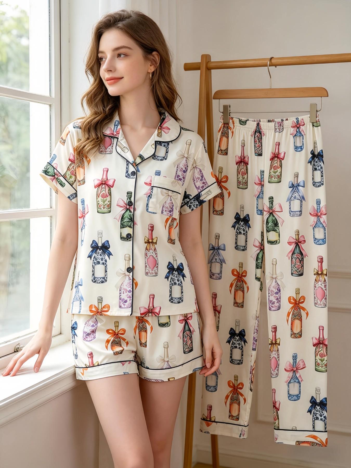 Three Pieces Pajama Set, Casual Women's Sleepwear, Cartoon Print, Fitted, All Seasons, Short Sleeve Top and Comfortable Pants