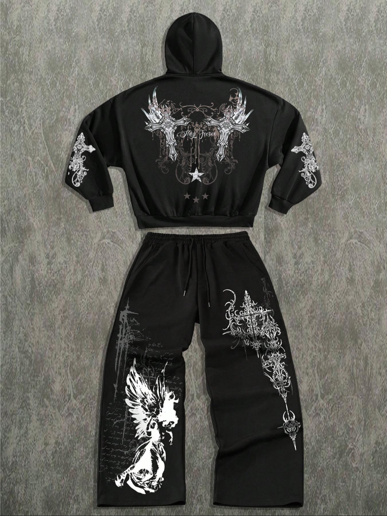 Dark Angel Gothic Graphic Cropped Hoodie & Wide-Leg Sweatpants Set | Black Alt Streetwear 2-Piece Outfit | Soft Comfortable Fabric | Gothic Aesthetic | Trendy Baggy Fit | Bold Embellished Print Set | Versatile Daily Ensemble | Perfect for Casual/Street