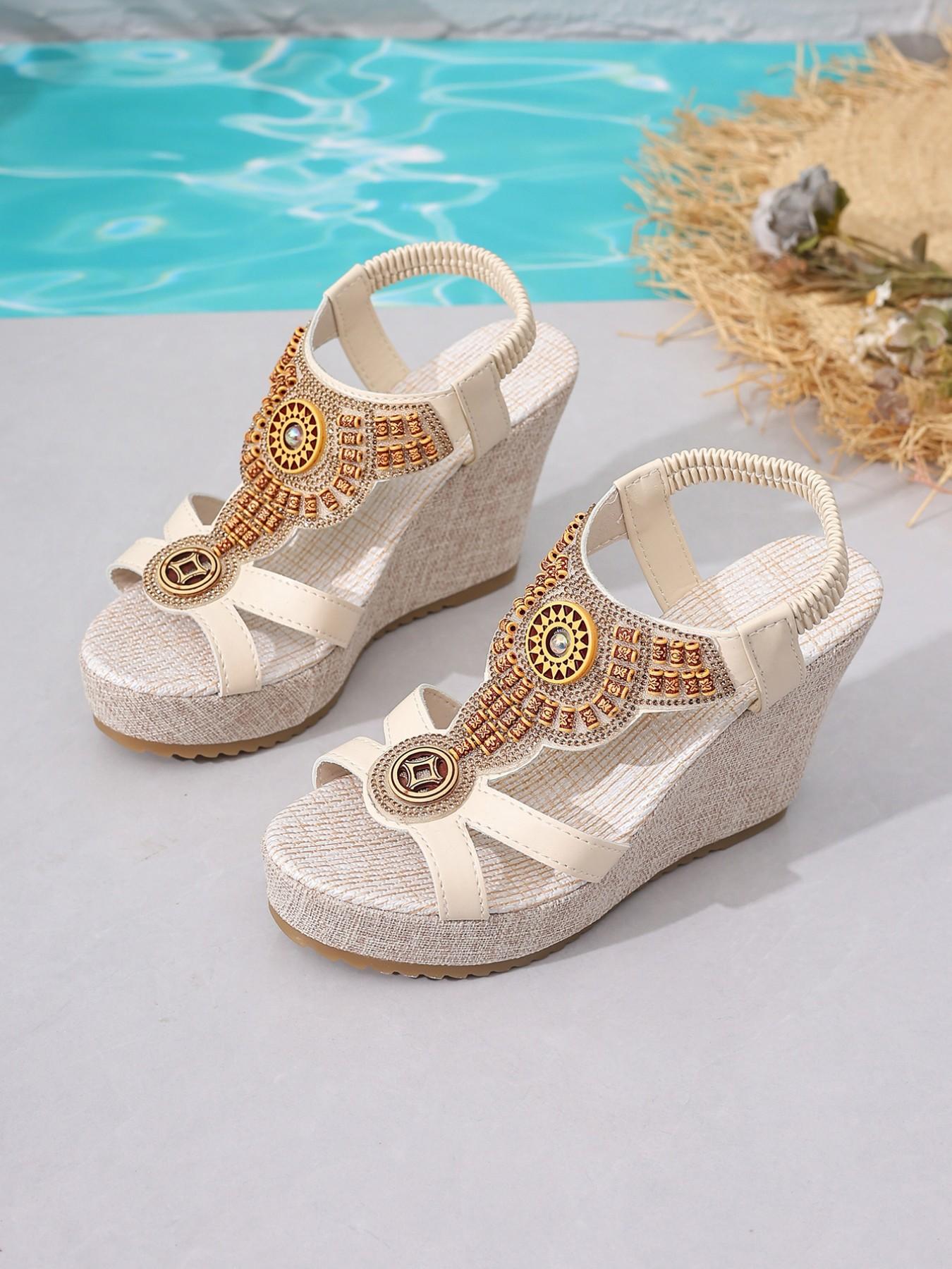 2026 Summer New Fashion Wedge Sandals for Women, Bohemian Style Metal Decor Thick Sole Roman Shoes, Party Vacation Photo Footwear