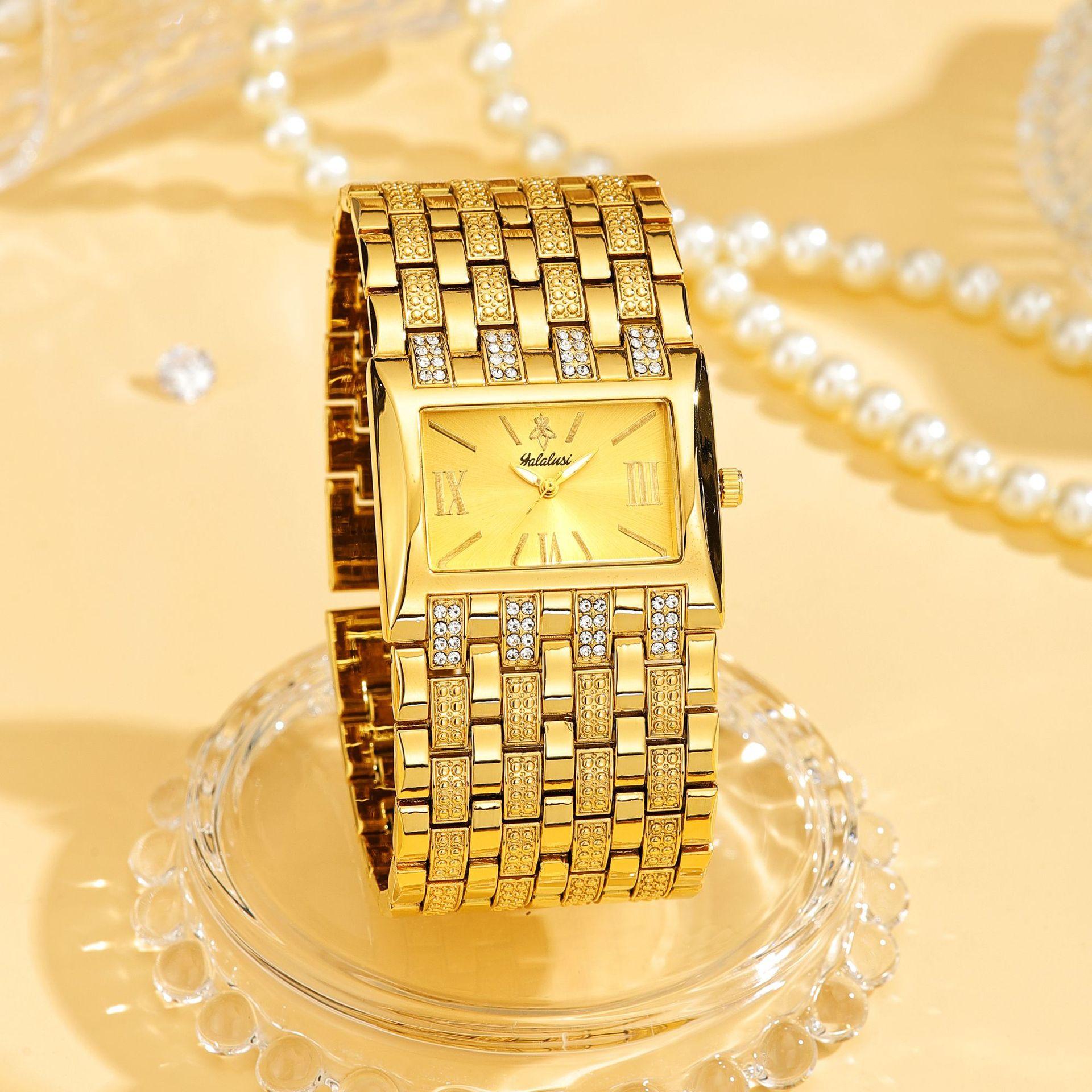 Women's Luxury Gold Square Diamond Watch - Elegant Bling Crystal Encrusted Bracelet with Roman Numerals, Stainless Steel Band, Fashion Dress Wristwatch, Perfect Gift for Her