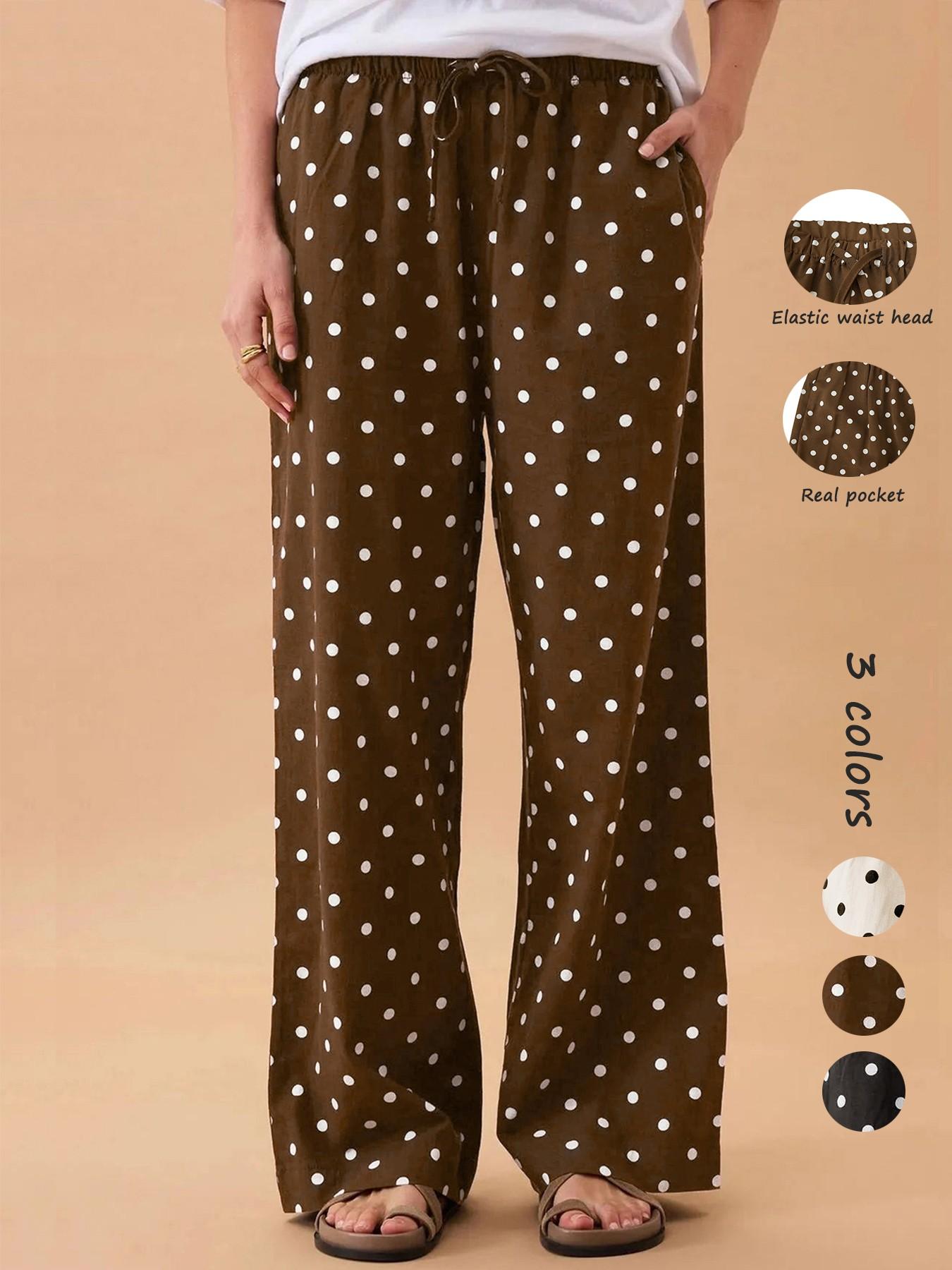 Women's Satin Polka Dot Wide Leg Pants, Casual Lounge Pants, Casual Loose Fit Drawstring Waist, Beach Travel Vacation Straight Leg Pockets, Casual Bohemian Trousers