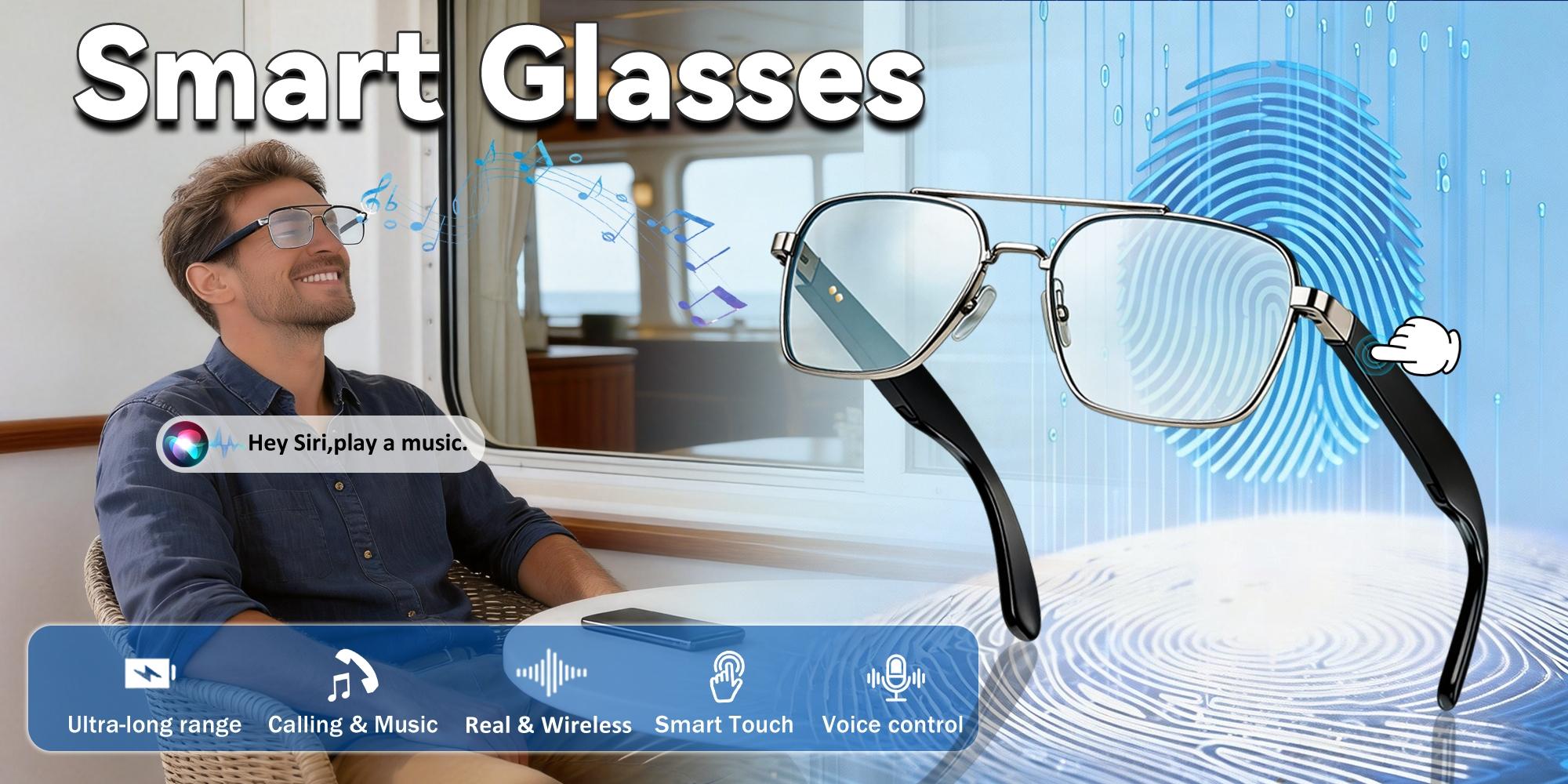 Bluetooth Audio Smart Transparent Glasses for Women Men,Light Blocking Bluetooth Glasses with Open Ear Speaker,Touch & Voice Control, Hands-Free Calls & Microphone for iPhone Android Music