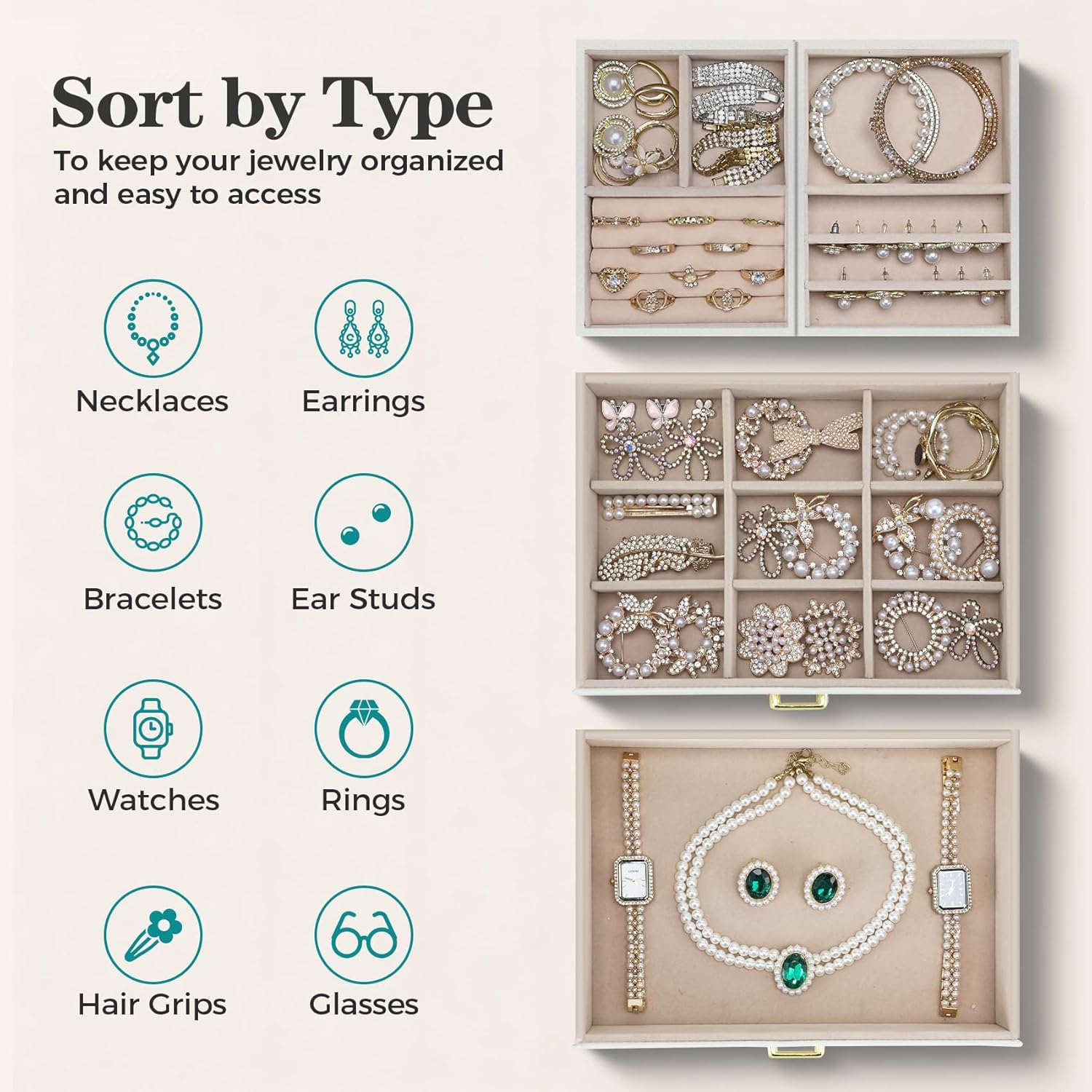 Organizer Box, Large  Boxes for Women Girls, Space-Saving 3 Layers  Storage Case with Drawer, Movable Metal Stand, Modern,  Idea (Cloud White + )