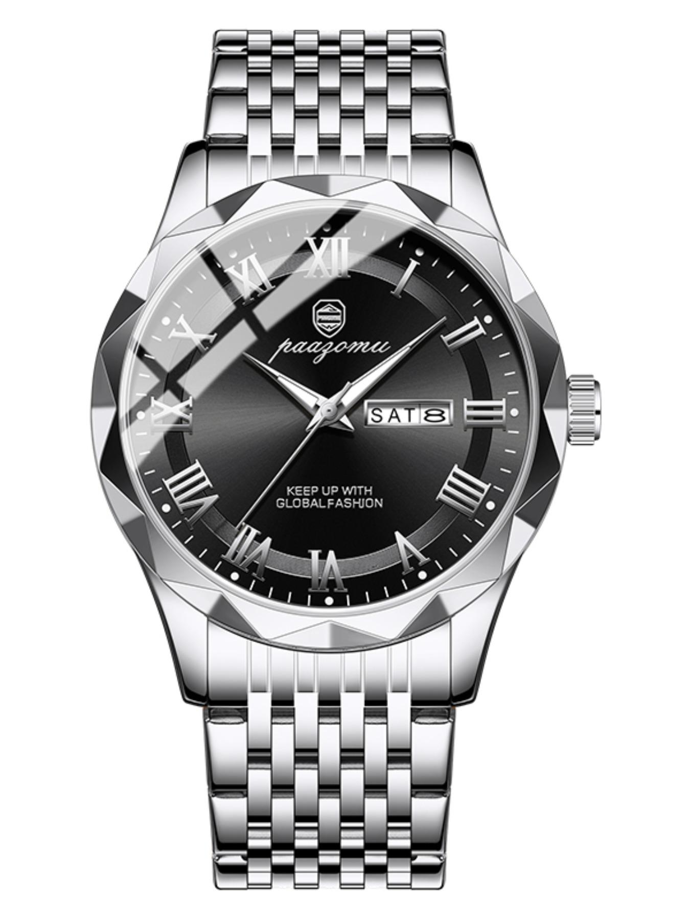 Paazomu Brand Steel Belt Dual Calendar Men's Quartz Watch 6367, Stylish Timepiece for Everyday Wear, Durable and Reliable Design