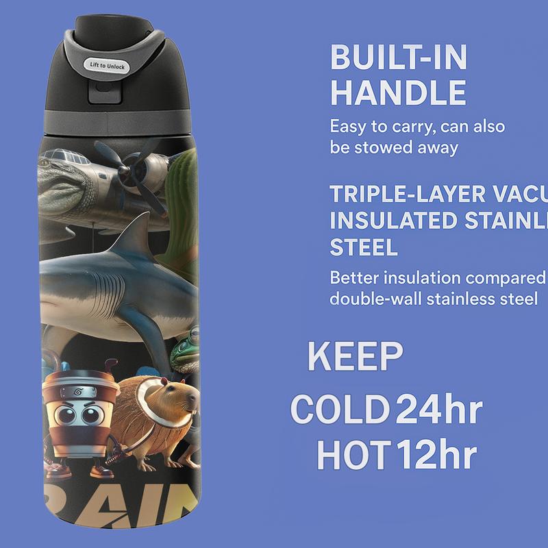 AuraCup 1pc 19/24/32oz Italian Brainrot Cartoon Tumbler with Lid and Straw, Stainless Steel Double Wall Insulated Travel Mug, Keep Hot 12H / Cold 24H, Creative Character Design Cup, Perfect for Office, Outdoor, Thanksgiving Gif, Tumbler Gift