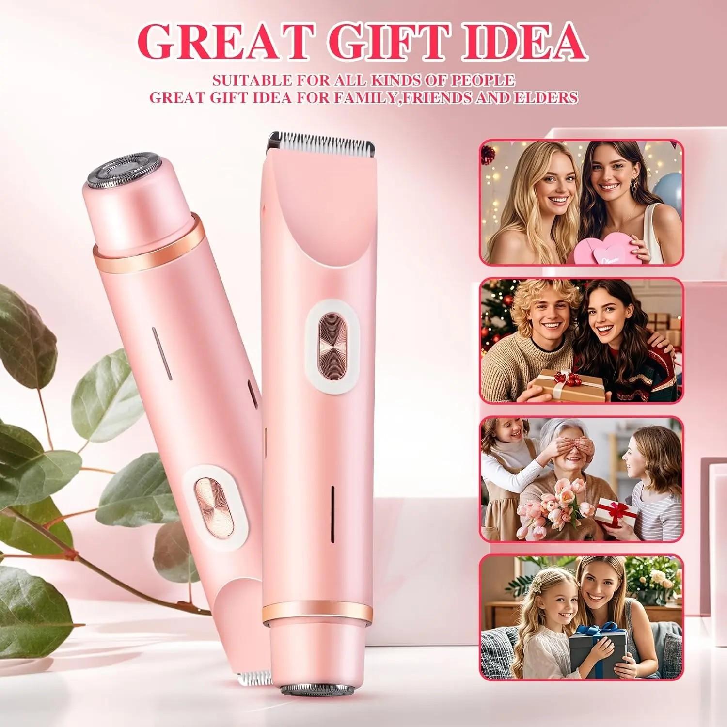 2-in-1 Bikini Trimmer for Women, Cordless Charging Trimmer, Wireless Hair Trimmer, Electric Shaver and Razor Rechargeable Body and Facial Epilator, Dual Heads for Painless Trimming of Pubic Hair and Legs, IPX7 Waterproof, Christmas Gift New Year Gift