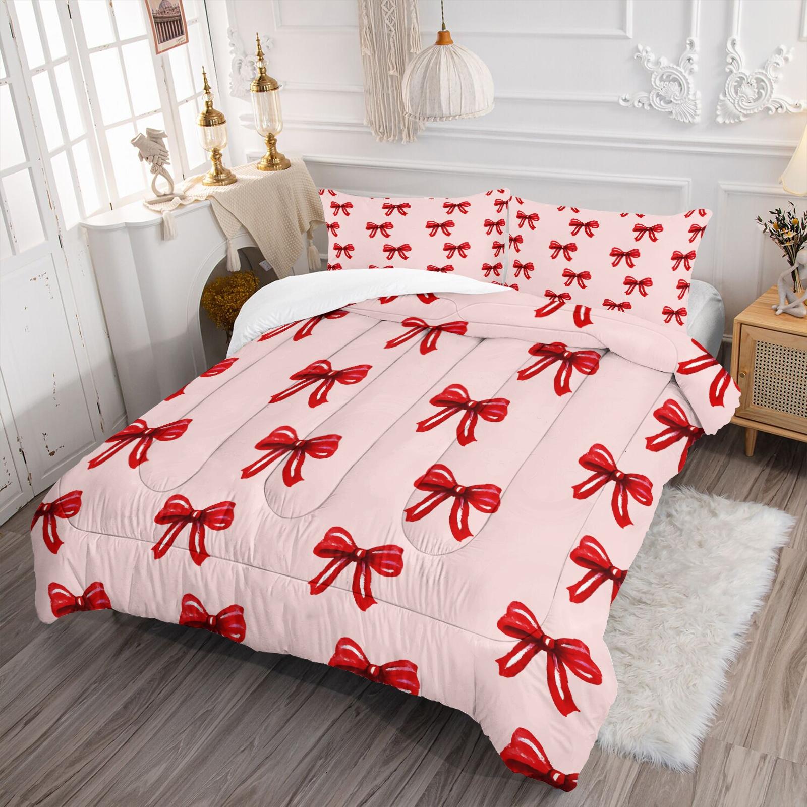 2/3 Pcs Cute Bow Knot Comforter Set, Pastel Sweet Ribbon Bedding for Bedroom, Warm Gift for Teen Girls and Women, Pillow Insert Not Included, Filling Included