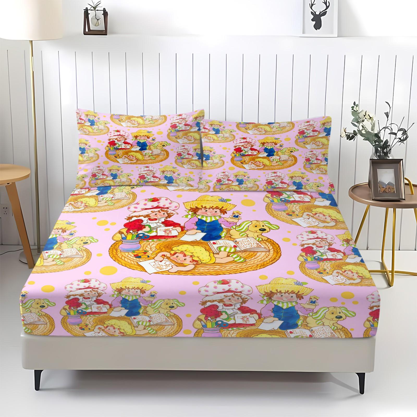 Strawberry Sweetheart Fitted Sheet Set & 2 Pillowcases No Core, Pink White Plaid, Pink Cat & Full Print Strawberry Design, Soft Anti-Slip Wrinkle-Resistant, Fairy-Tale Girls Room, Kids Room Decor Gift Choice