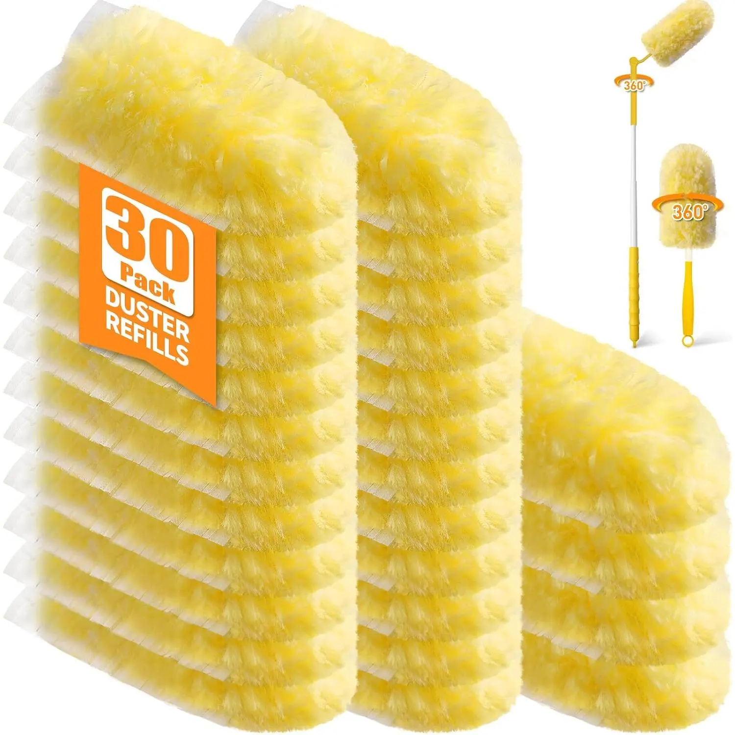 30 Count 360° Heavy Duty Duster Refills, Compatible with  Duster, Includes 1 Short Handle & 1 3 ft Extendable Handle, 4X Microfiber Cleaning Dusters, Disposable Unscented