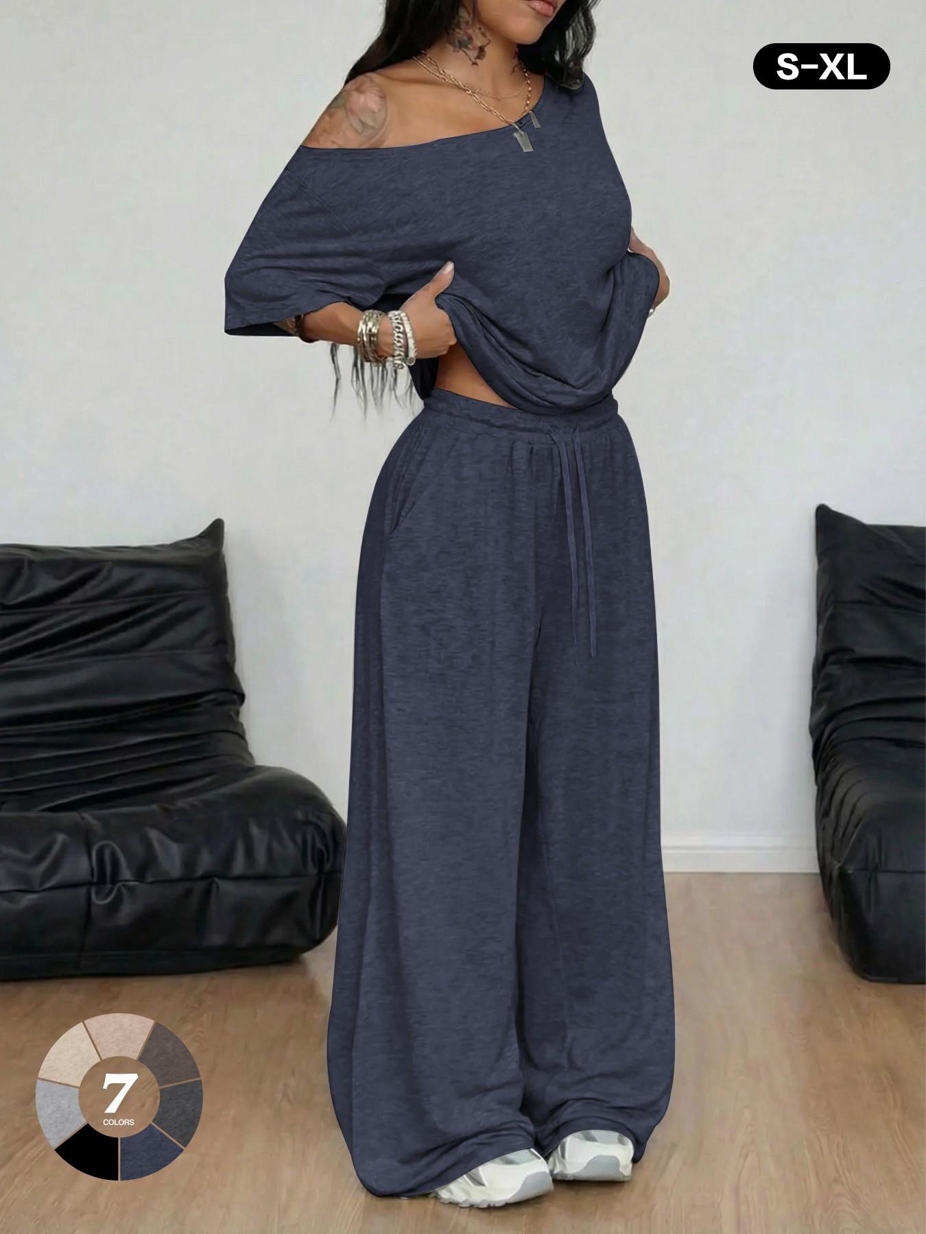 2026 French Minimal Off-The-Shoulder Loungewear Top, Summer Loose Short Sleeve, Drawstring Adjustable High Waist Wide Leg Pants, Figure-Flattering Casual, Casual Loungewear Sets