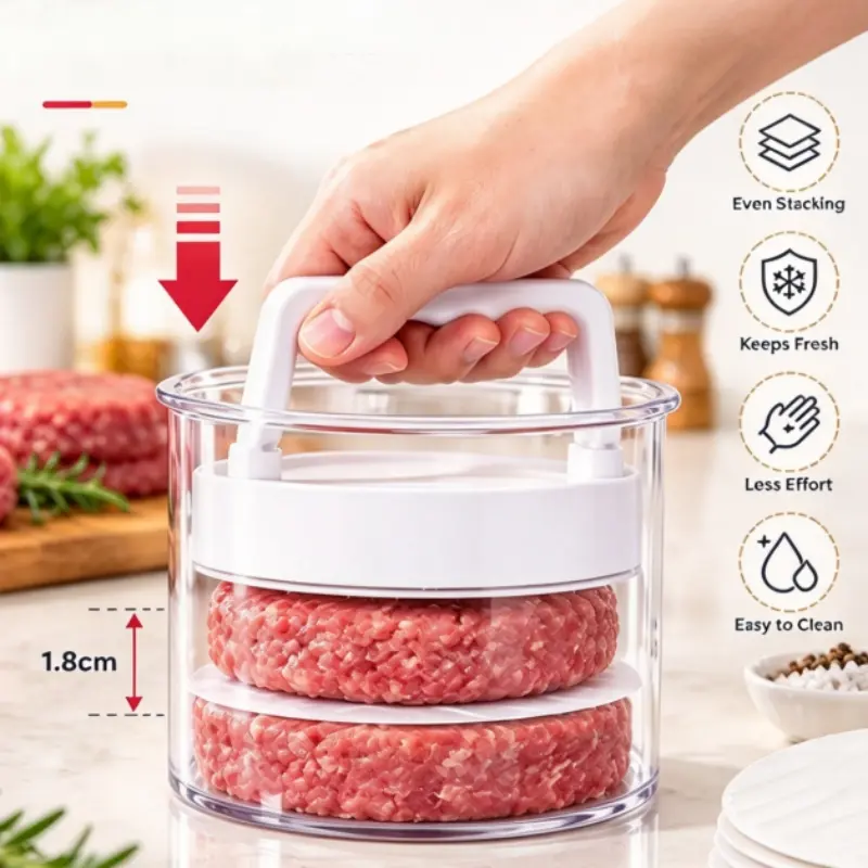 Multifunctional Manual Hamburger Patty Maker, Stackable Non-Stick Burger Press Mold with Layered Storage Design, Freezer Safe Burger Patty Storage Container with 4pcs Gaskets, Home Kitchen BBQ Cooking Tool Multifunctional Manual Hamburger Patty Maker, Stackable Non-Stick Burger Press Mold with Layered Storage Design, Freezer Safe Burger Patty Storage Container with 4pcs Gaskets, Home Kitchen BBQ Cooking Tool