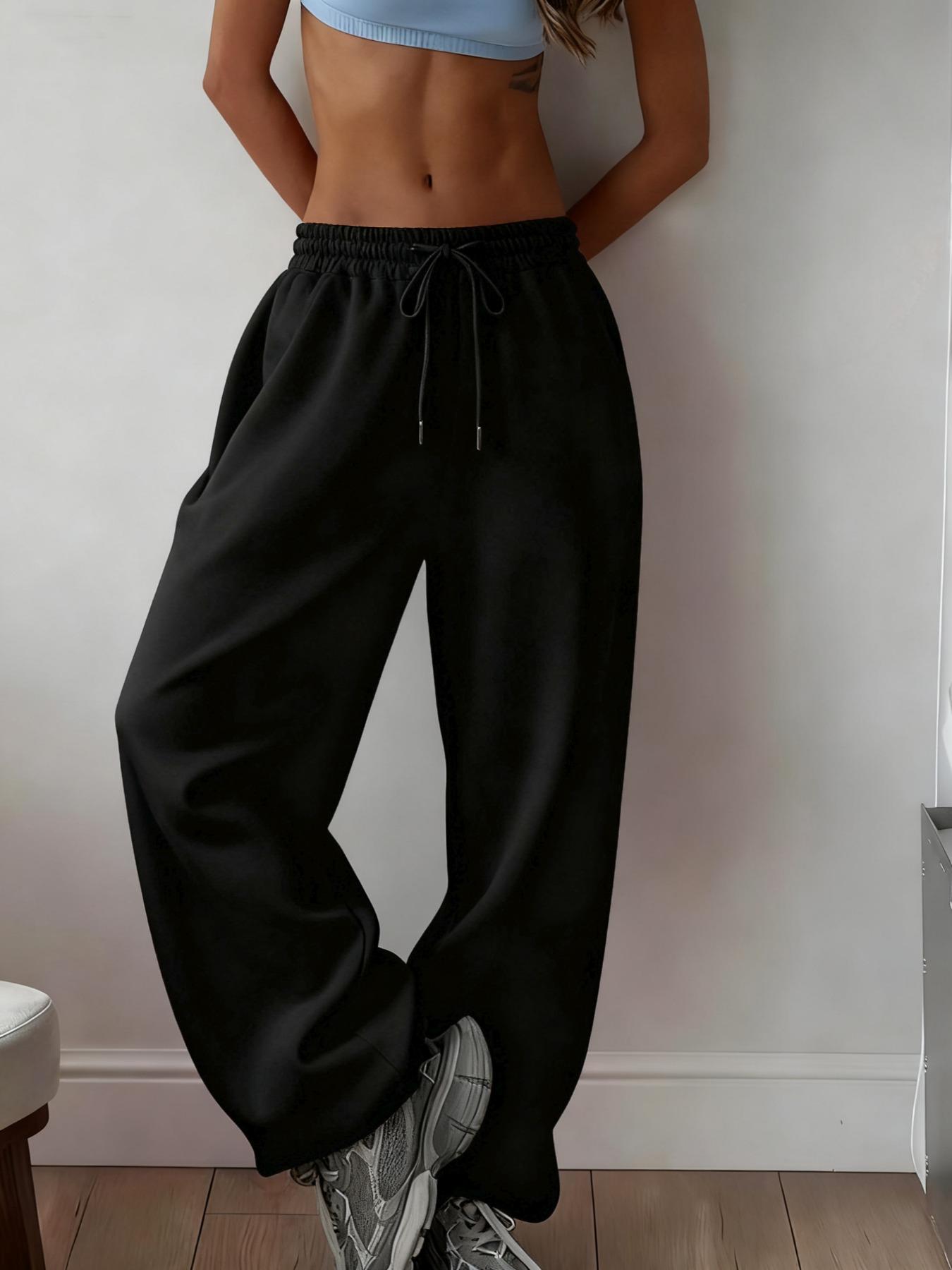 Women's Solid Drawstring Waist Thermal Lined Sweatpants, Casual Pocket Jogger Pants for Daily Wear, Ladies Bottoms for All Seasons