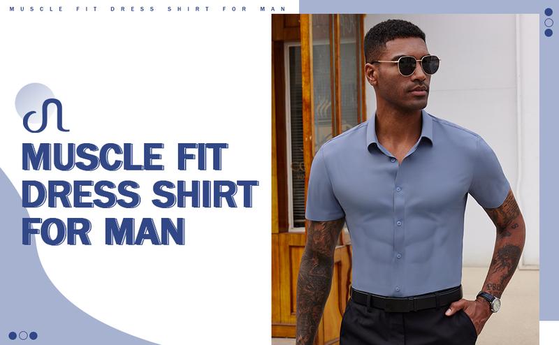 Alimens&Gentle Stretch Dress Shirts for Men Short Sleeve Slim Fit Casual Button Down Shirts Muscle Fit Men's Dress Shirts Top Menswear