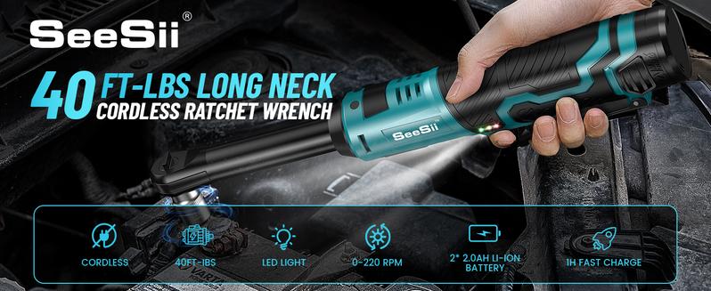Seesii 3/8" Long Neck Ratchet Wrench Kit, 40Ft-lbs 6" Extended Cordless Ratchet Wrench / 2x2.0Ah Batteries & Fast Charge, Pistola De Impacto, 220RPM Variable Speed Ratcheting Wrench w/ 7 Sockets, dealsforyoudays Outdoorfun