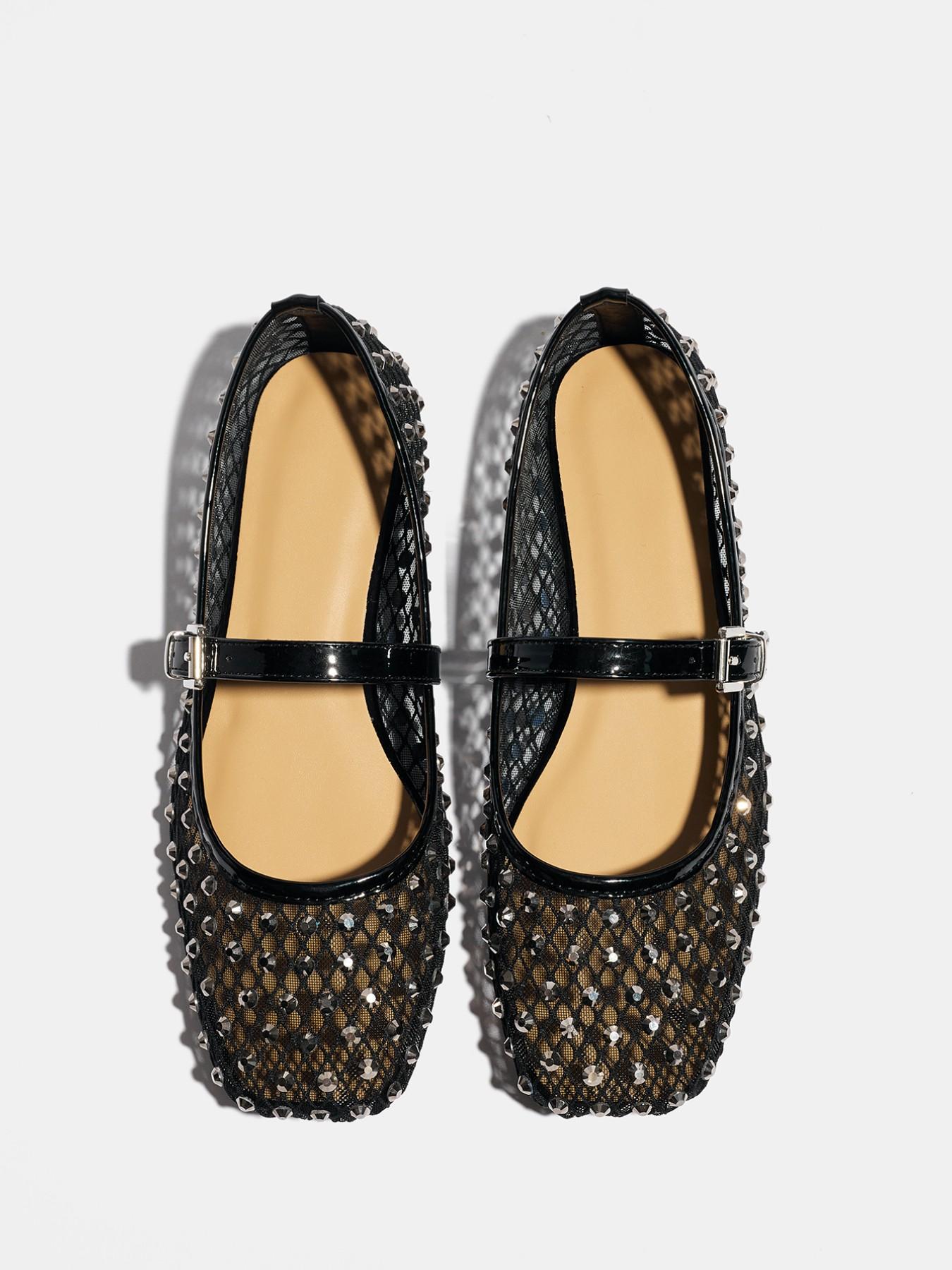 French Rhinestone Hollow Out Classic Mary Jane Shoes for Women, Chic Shoes, Elegant Fairy Style, Classy, Breathable Mesh, Square Toe, Medium Width, Plain Pattern