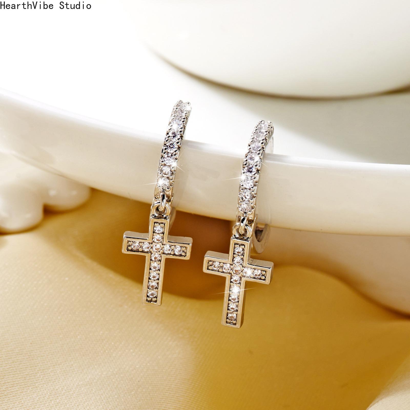 Dainty Clean Girl Rhinestone Cross Earrings | Hypoallergenic Plated Copper Minimalist Studs, Tarnish-Resistant Faith-Inspired Luxury Jewelry Gift for Her