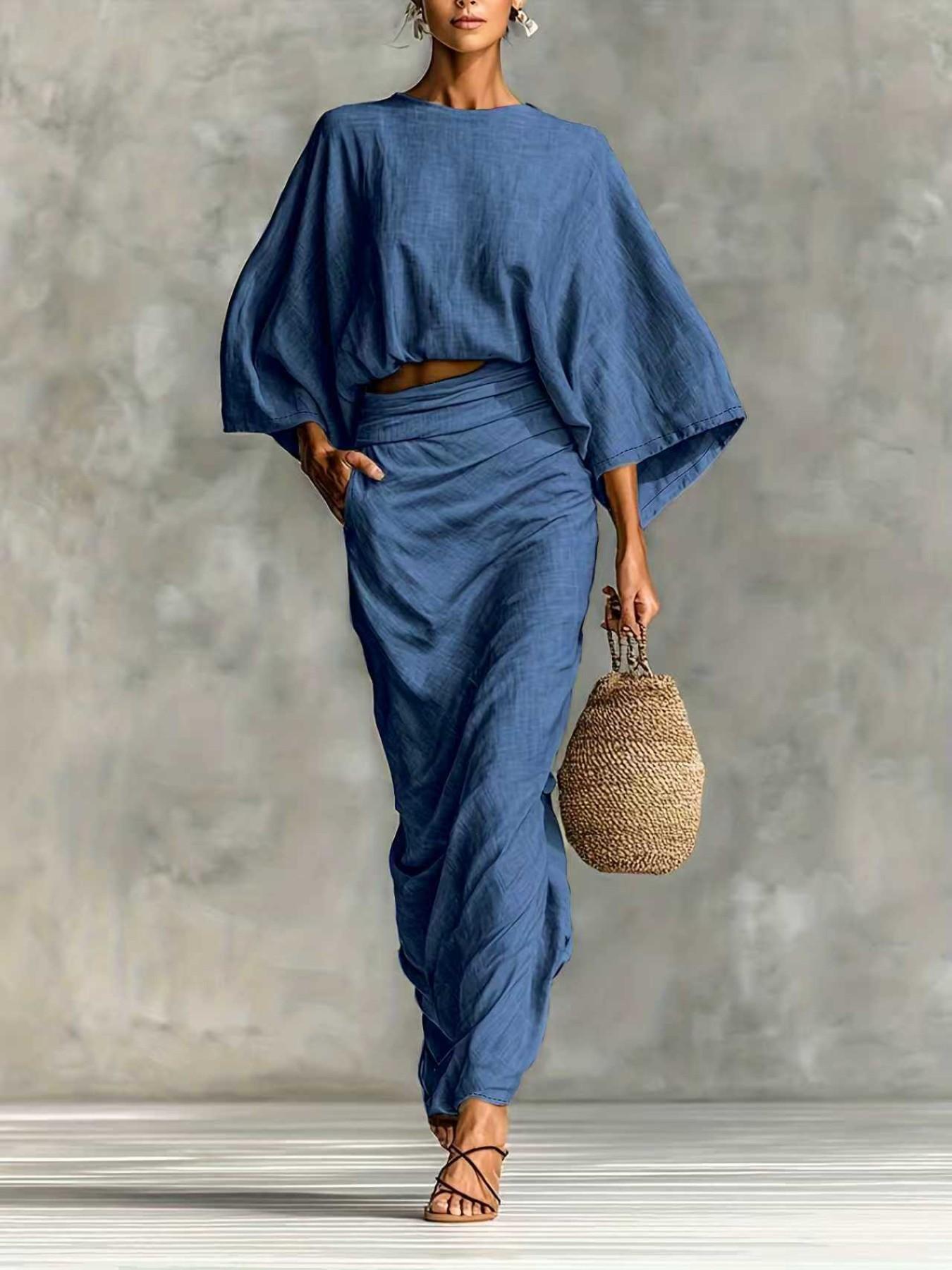 Women's Stylish Loose-Fitting Casual Two-Piece Set, Spring & Fall Comfortable Long Skirt with Waist Definition and Pocket one pocket