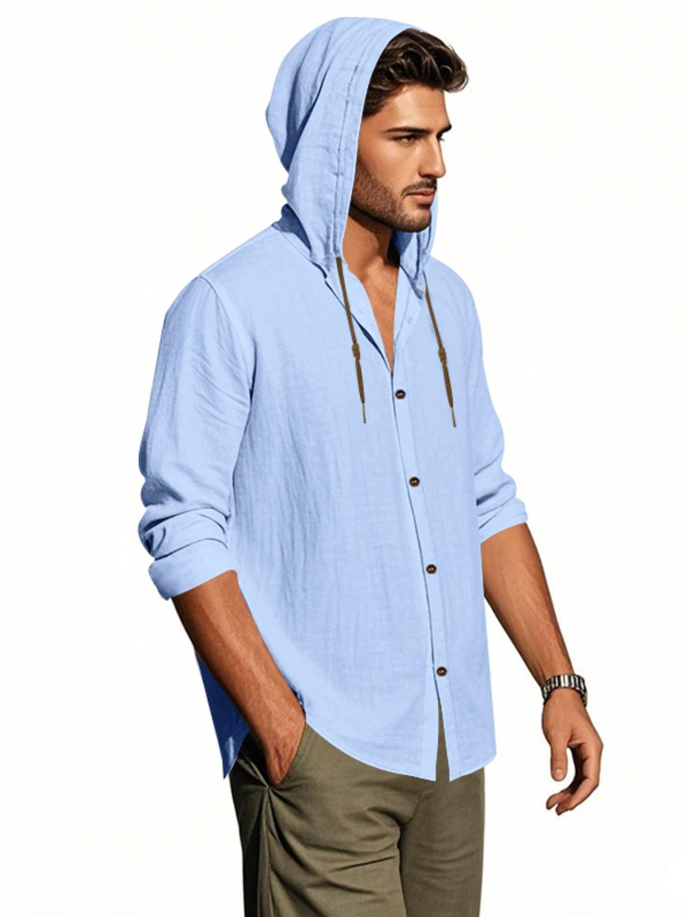 Hooded Linen Long Sleeve Shirt Jacket, Hawaiian Style Casual Loose Fit, Drawstring & Button Design, Spring & Fall Fashion, Beach Vacation Essential