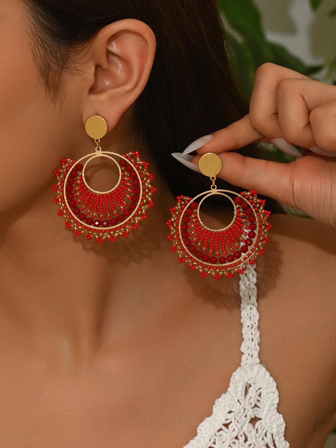 1 pair Boho Style Handmade Beaded Dangle Earrings, Vintage Ethnic Multicolor Jewelry, Perfect for Weddings, Parties, Festivals, Gifts